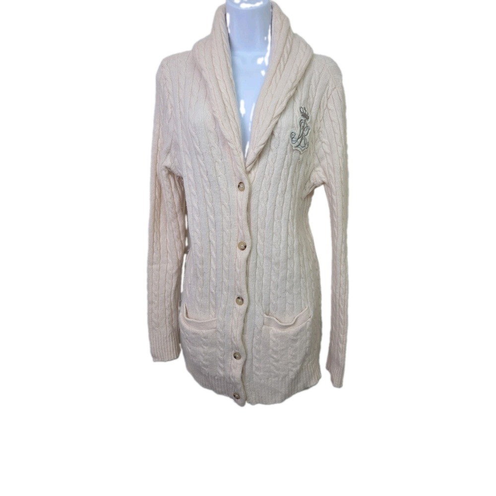 Vintage Y2K Lauren Ralph Lauren Shawl Collar Ribbed Cardigan Wool Rabbit Crown L
